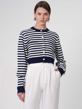 Parentezi Antonella Crop Striped Buttoned Navy White Cardigan Sweater NWT Sz XS